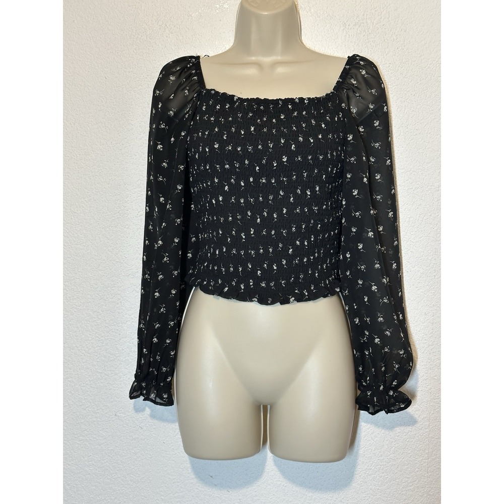 Lush Womens Smocked Cropped Blk White Blouse Sz MP Semi Sheer Sleeves Whimsigoth
